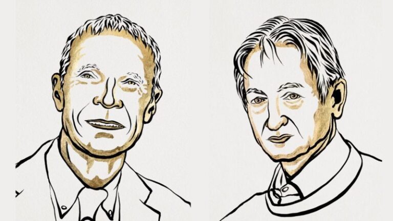 A sketch of 2024 Nobel prize winners John Hopfield and Geoffrey Hinton.